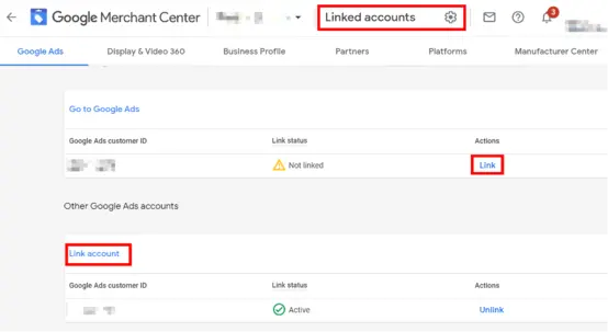 google merchant center linked account