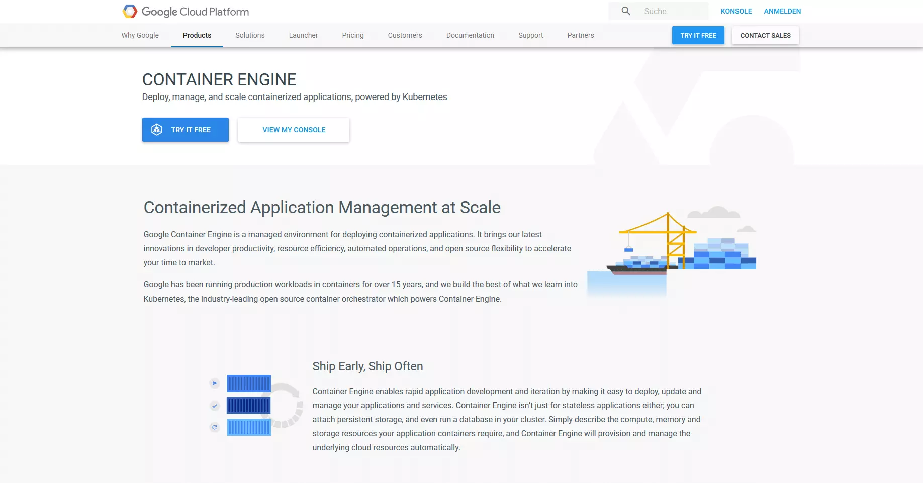 Image: Product web page for Google Container Engine (GKE).