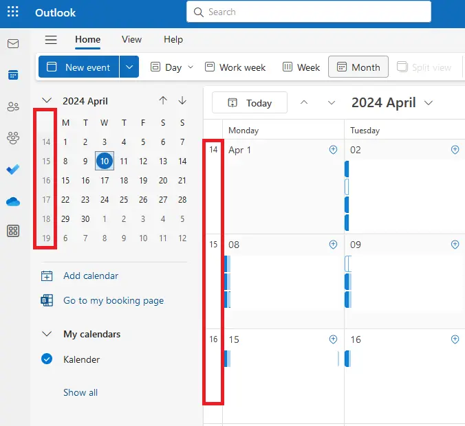Image: Outlook web calendar with week numbering