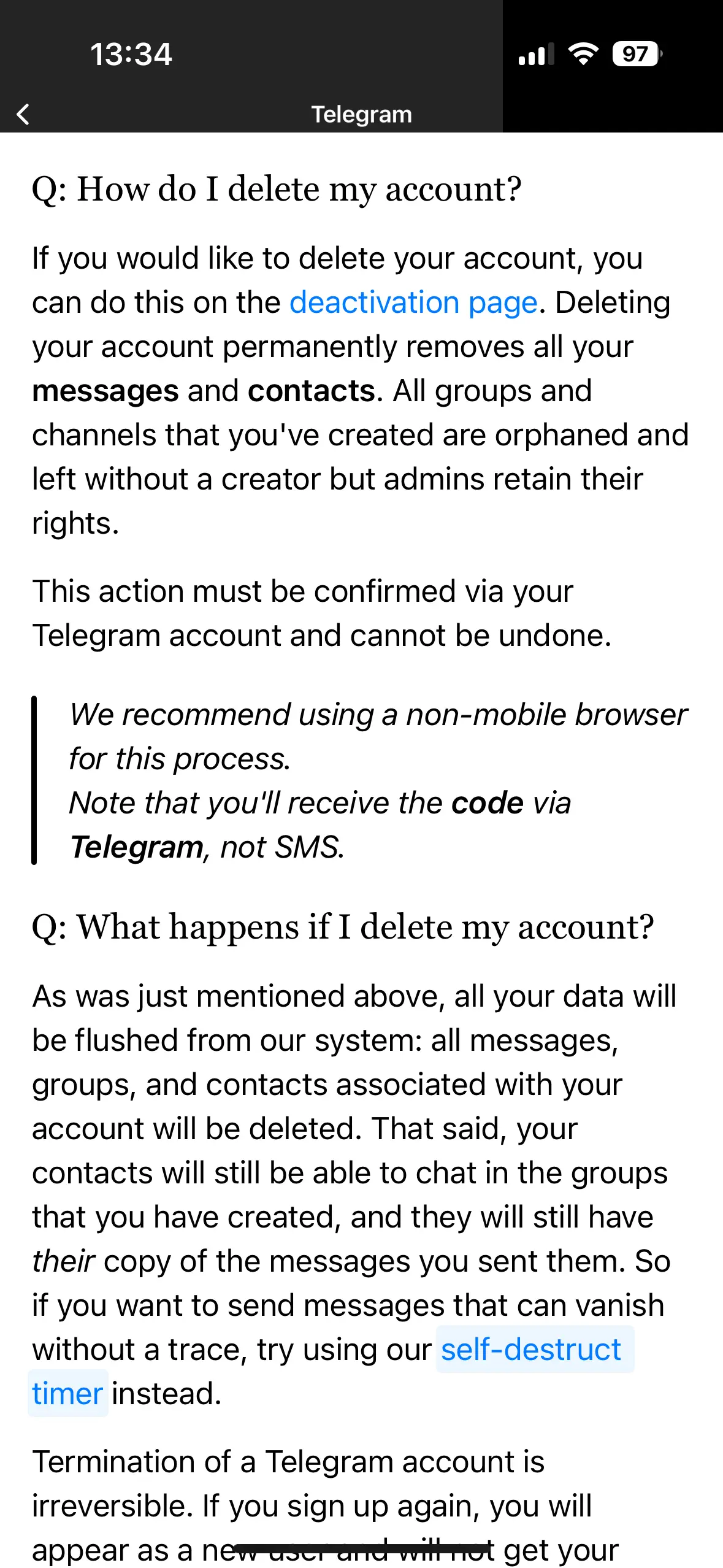 Telegram app FAQ item “How do I delete my account” Image: Telegram app FAQ item “How do I delete my account”