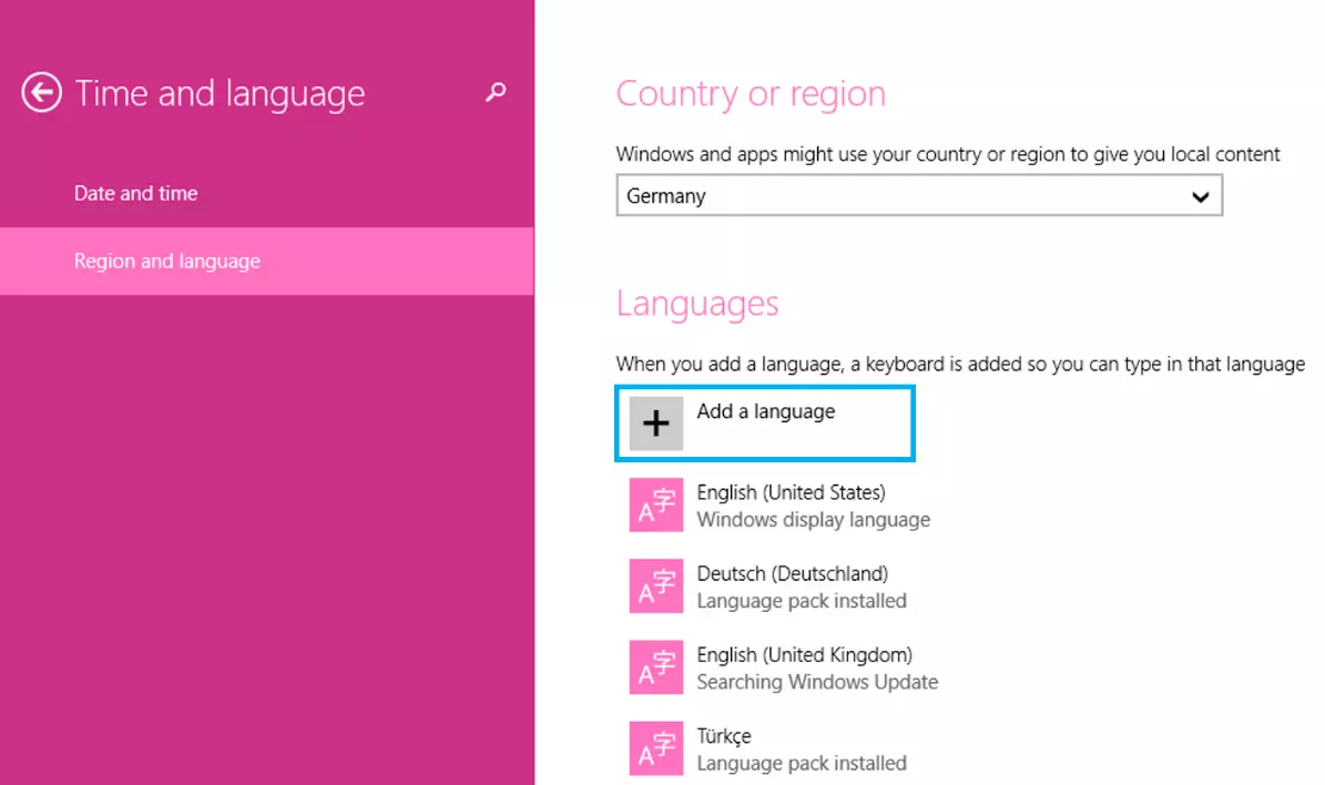 Image: Settings for “Region and language” in Windows 8