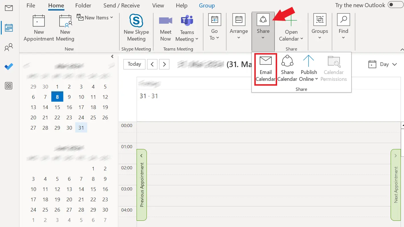 Microsoft Outlook: View of the calendar toolbar in the “Home” tab Image: Microsoft Outlook: View of the calendar toolbar in the “Home” tab