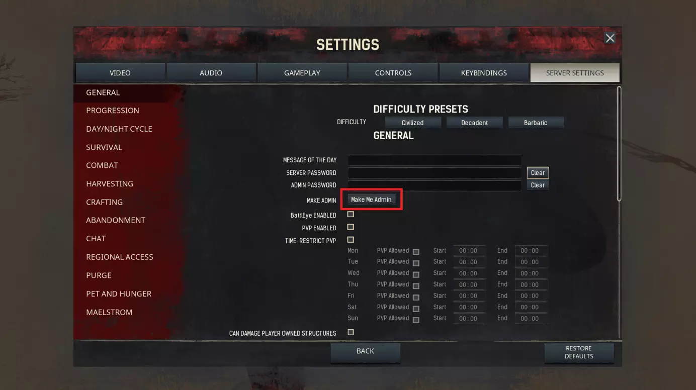 Server settings in Conan Exiles