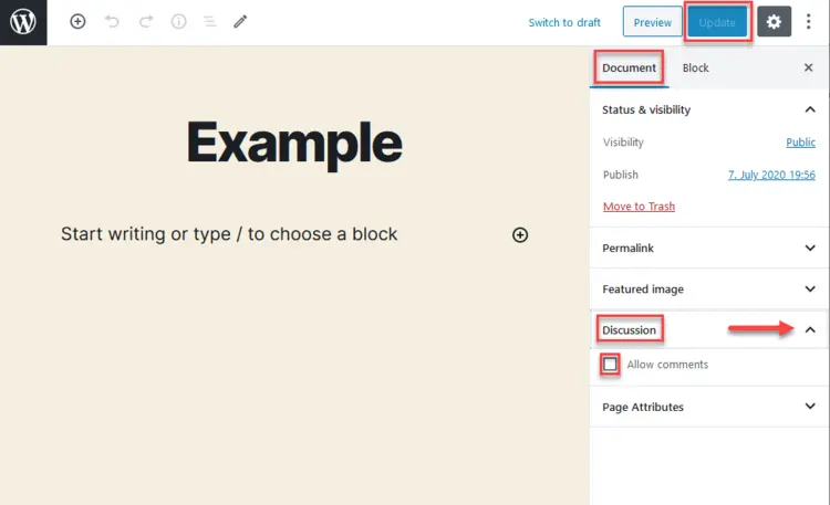 Right-hand sidebar in the Gutenberg editor, showing the “Discussion” section of the “Document” tab Right-hand sidebar in the Gutenberg editor, showing the “Discussion” section of the “Document” tab