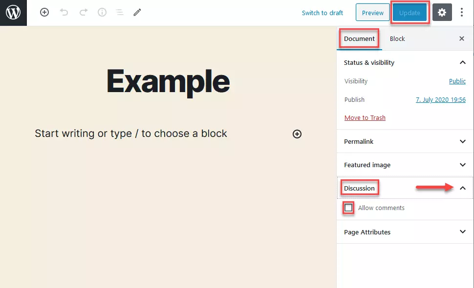 Image: Right-hand sidebar in the Gutenberg editor, showing the “Discussion” section of the “Document” tab