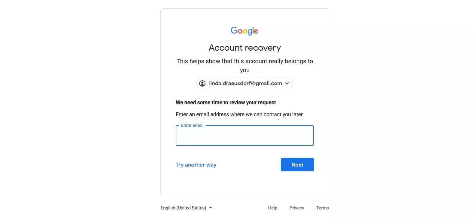 Image: Google form for entering a current email address