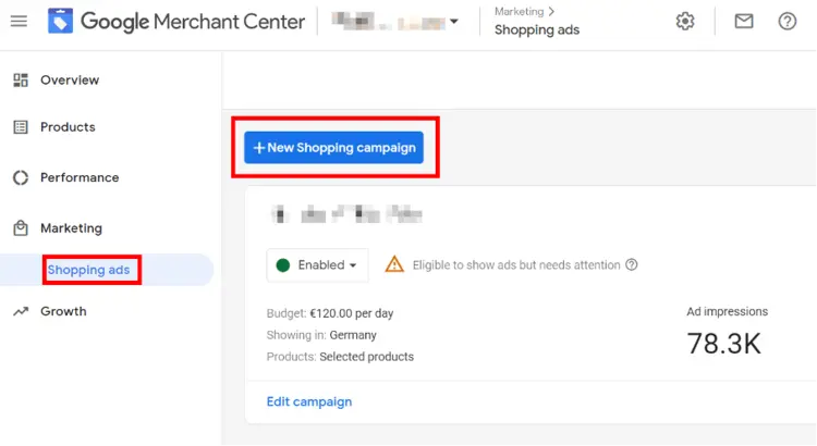 Shopping campaigns overview with option to create new campaigns Shopping campaigns overview with option to create new campaigns