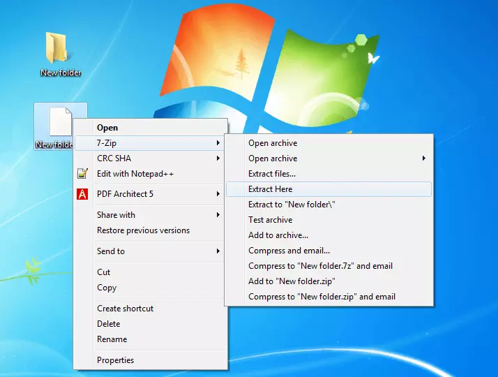 Image: Screenshot of the Windows desktop on which a 7-Zip compressed folder is to be unzipped