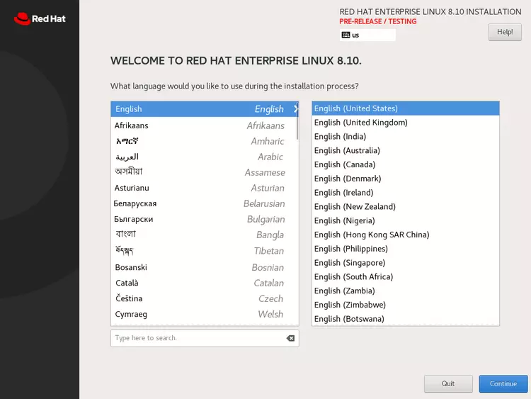 Red Hat installation: Language selectionl Red Hat installation: Language selectionl