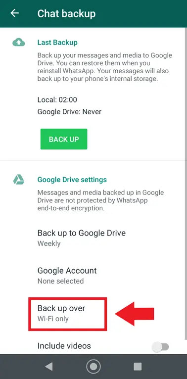 WhatsApp chat backup menu “Back up over” (network selection) WhatsApp chat backup menu “Back up over” (network selection)