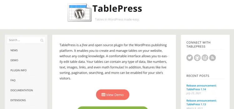 Homepage of WordPress plugin TablePress Homepage of WordPress plugin TablePress