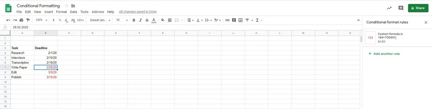 Image: Google Sheets: Active formatting rules for the selected cell range