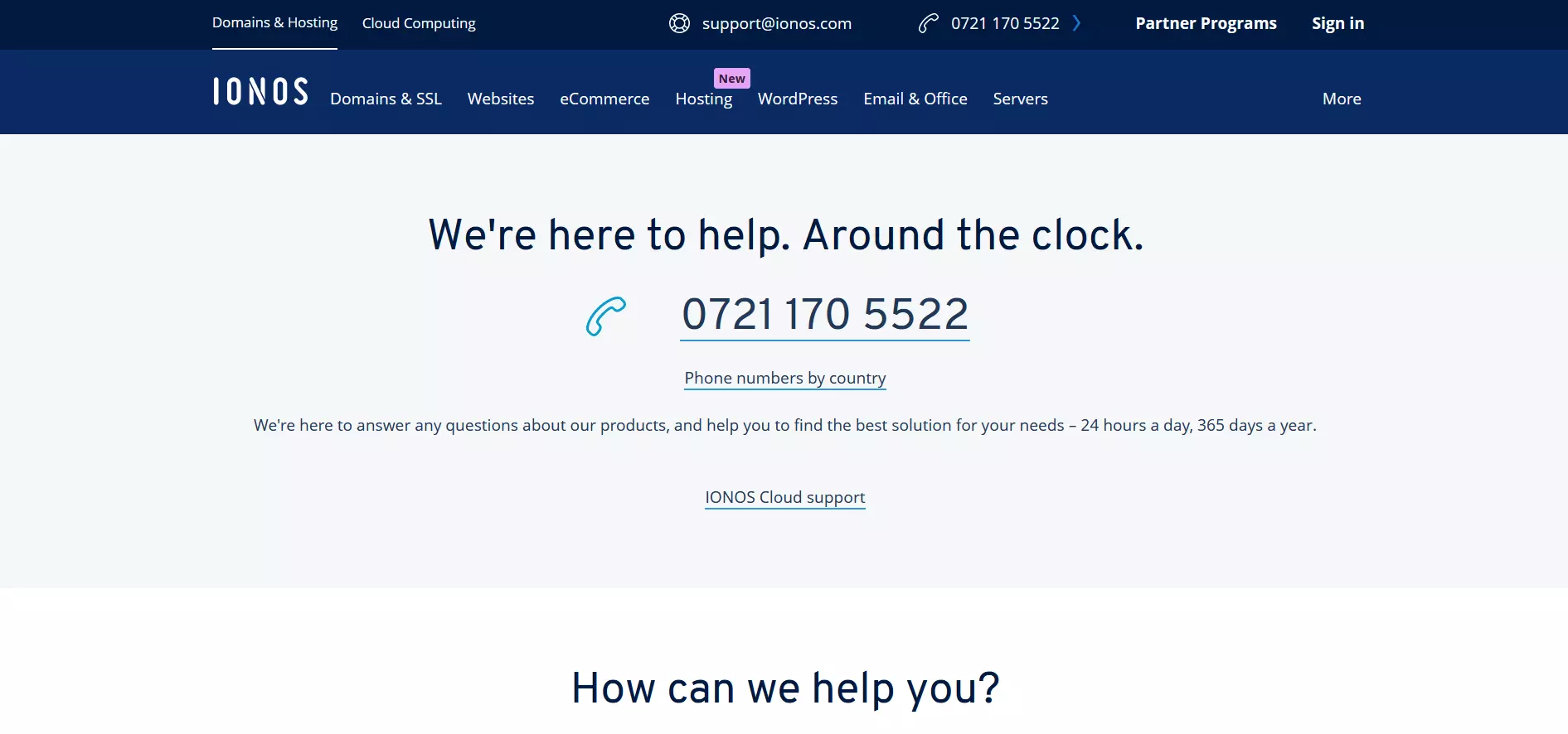 Image: Screenshot of the IONOS contact page