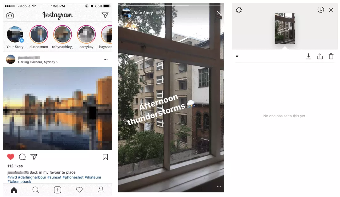 Image: Home screen of the Instagram app with separate area for stories