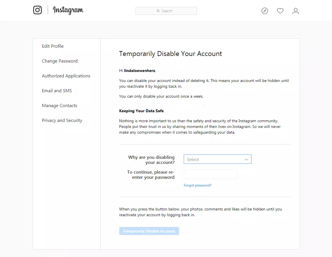 Menu within Instagram profile settings for temporarily disabling your account.