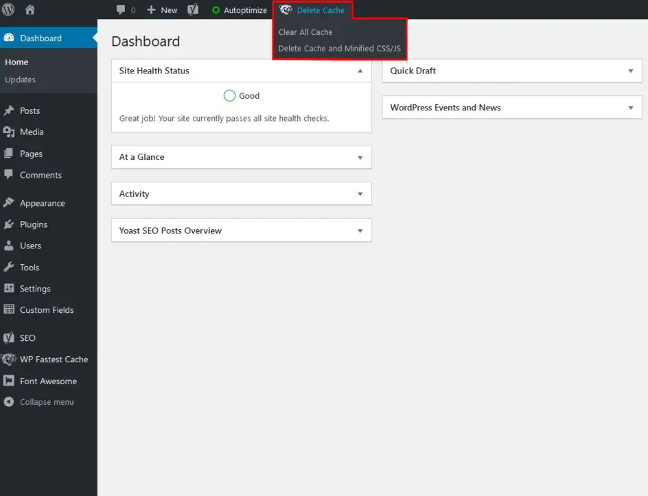 WordPress cache plugin dashboard showing empty cache button option