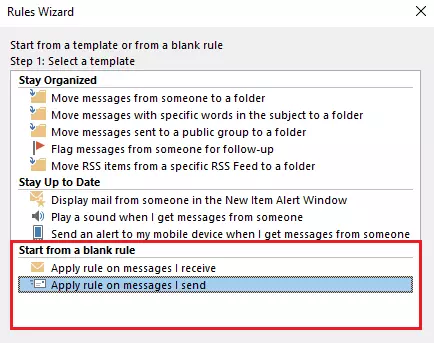Outlook Rules Wizard: Rule selection Outlook Rules Wizard: Rule selection