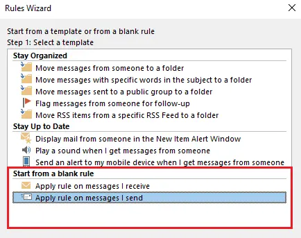 Image: Outlook Rules Wizard: Rule selection