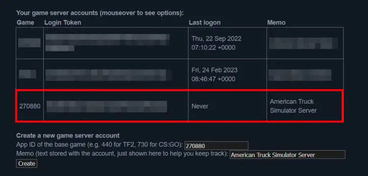 Server accounts in the Steam Game Server Account Management tool Server accounts in the Steam Game Server Account Management tool