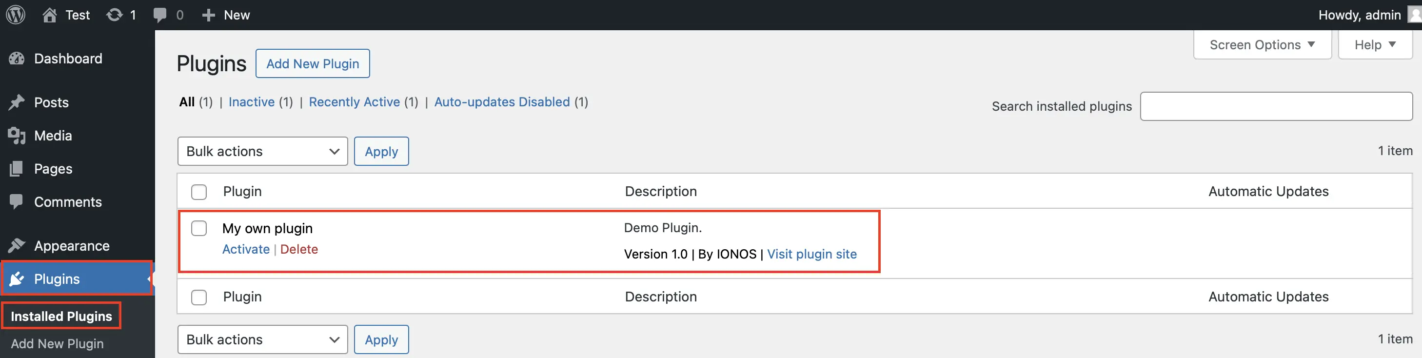 Image: Your own plugin appears immediately in the WordPress backend.