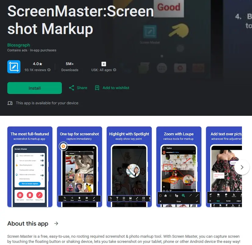 Image: Screenshot tool Screen Master in the Google Play Store