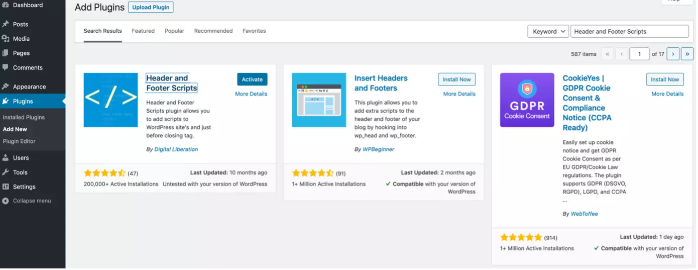 Image: Activate Header and Footer Scripts plugin