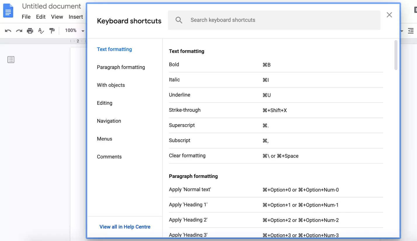 Image: Keyboard shortcuts in Google Docs