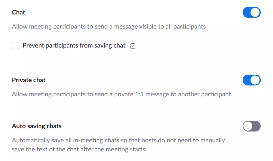 Image: Chat options in the Zoom settings on the website