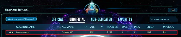 Screen showing the option to select the IONOS ARK: Survival Ascended server created in this tutorial Screen showing the option to select the IONOS ARK: Survival Ascended server created in this tutorial
