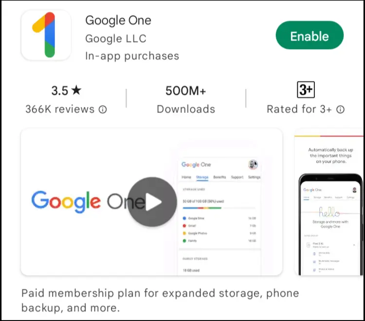 The Google One App in the Google Play Store The Google One App in the Google Play Store