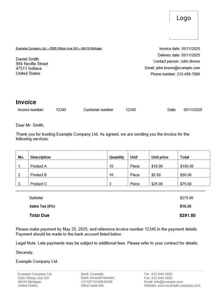 Image: Screenshot of an invoice example