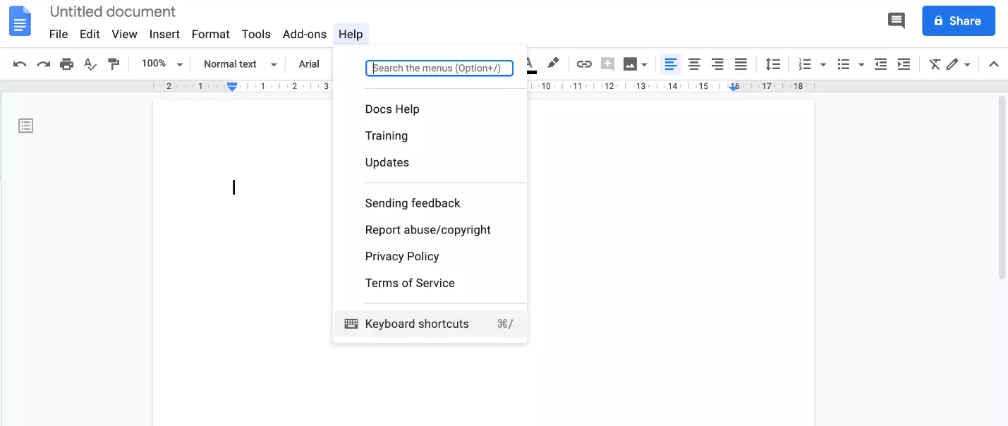 Image: Google Docs shortcuts via the “Help” menu