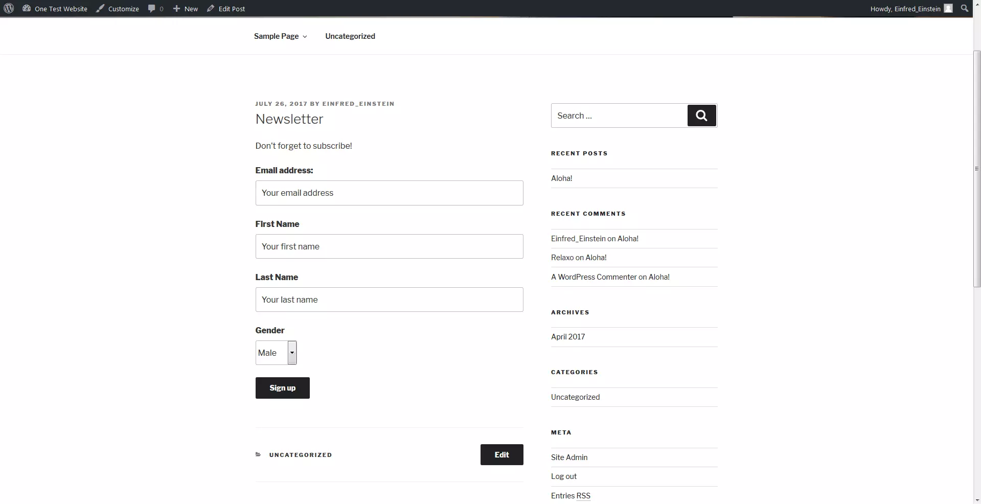 Image: A registration form that has been inserted into a blog post