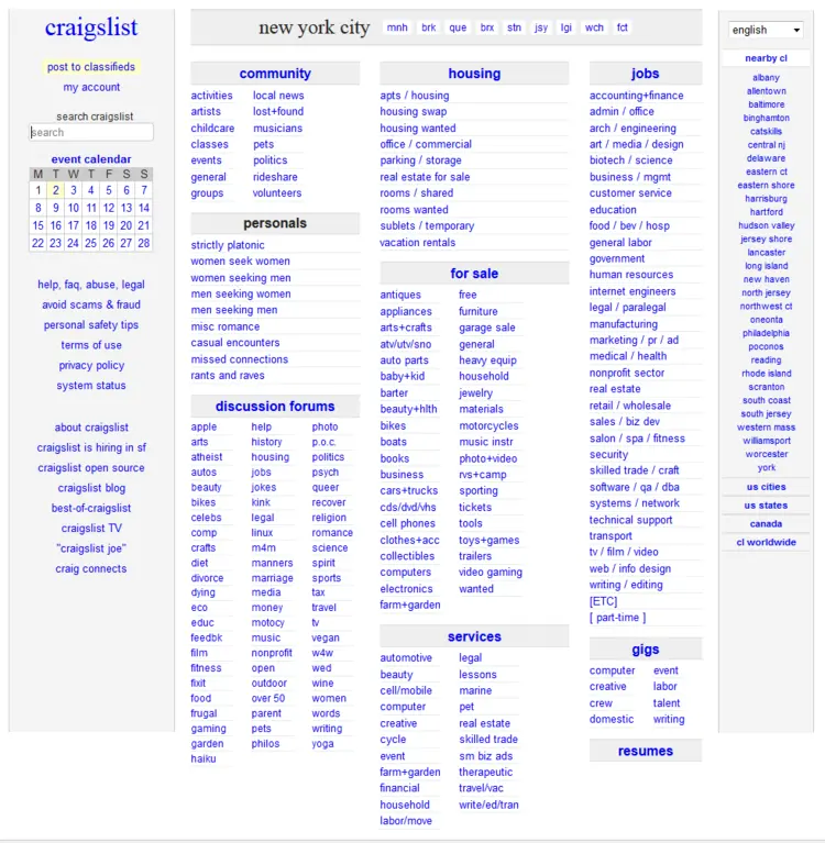 Website of the classifieds website Craigslist Website of the classifieds website Craigslist