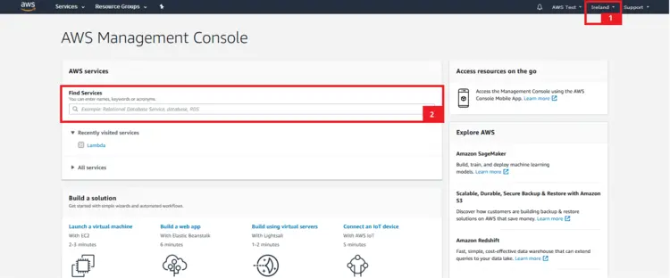 AWS Management Console home page. AWS Management Console home page.