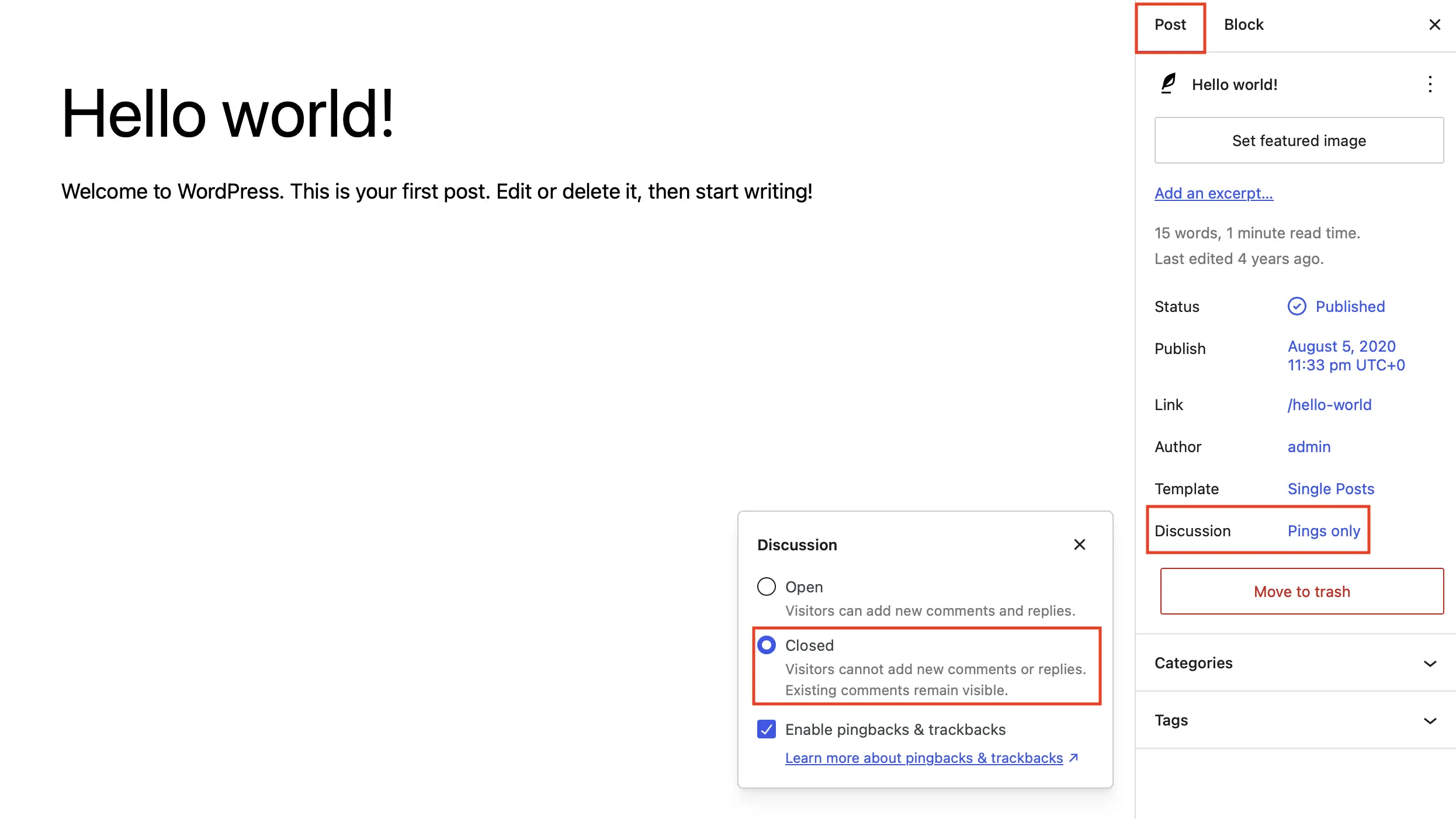 Image: Right-hand sidebar in the Gutenberg editor, showing the “Discussion” section of the “Document” tab.