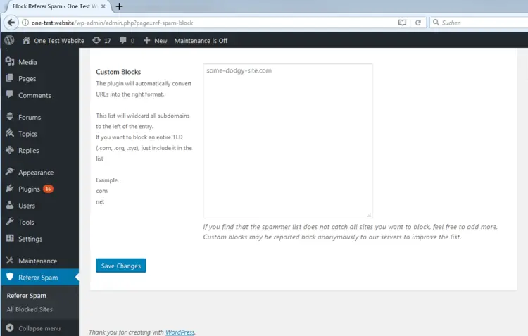 WordPress backend: Plugin configuration WordPress backend: Plugin configuration