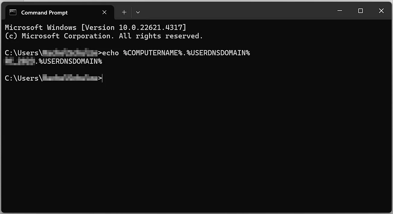 Image: FQDN displayed in the Windows command line
