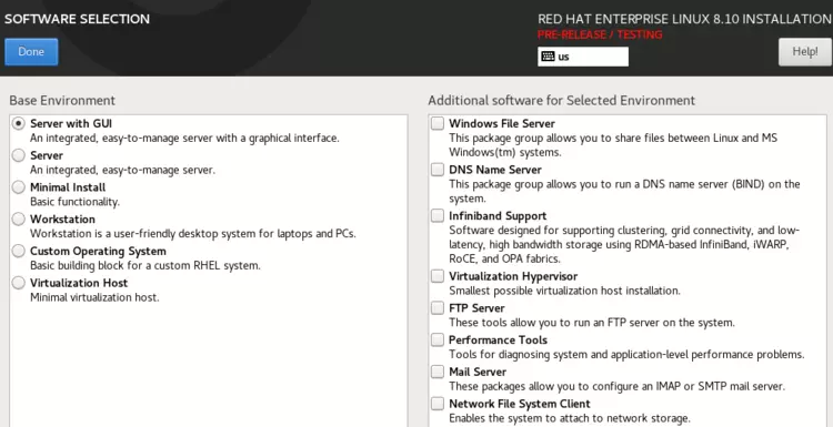 Screenshot of RHEL 8’s software options Screenshot of RHEL 8’s software options