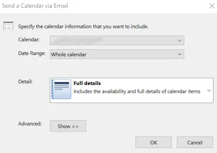 Outlook: Dialog box “Send a Calendar via Email” Image: Outlook: Dialog box “Send a Calendar via Email”