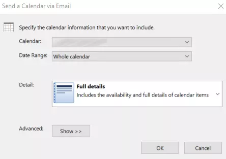 Outlook: Dialog box “Send a Calendar via Email” Outlook: Dialog box “Send a Calendar via Email”