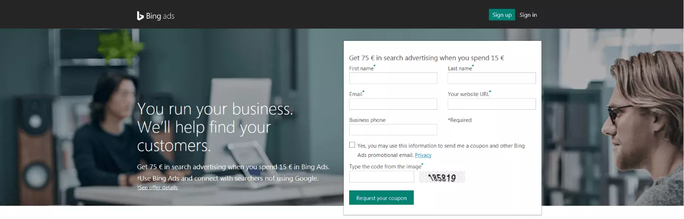 Image: Registration window for a Bing ads account