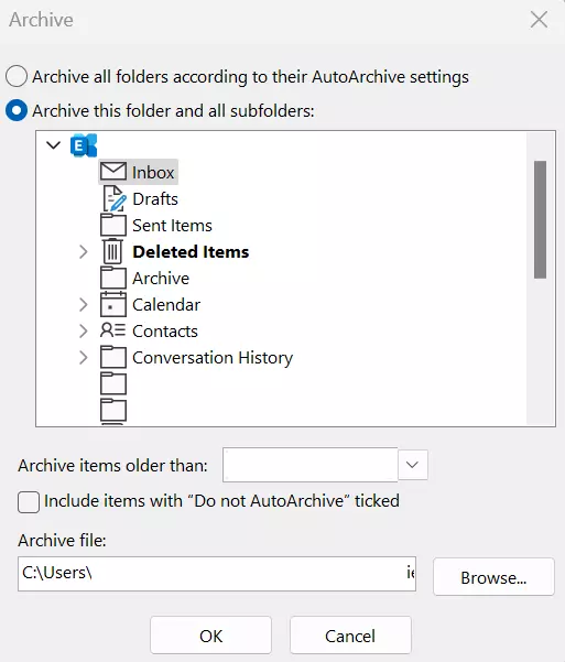 Microsoft Outlook: “Archive” window Microsoft Outlook: “Archive” window