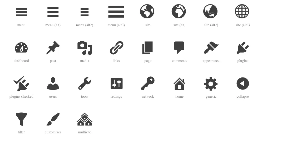 Image: Screenshot of Dashicons page