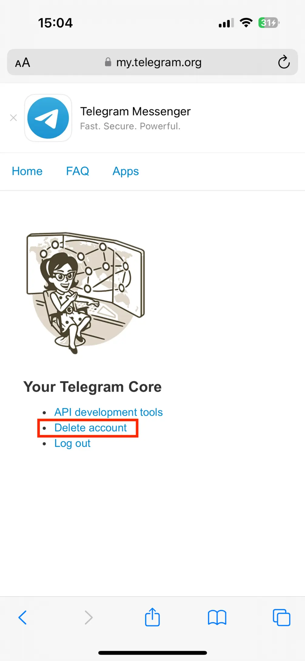 “Delete account” in the “Your Telegram Core” area Image: “Delete account” in the “Your Telegram Core” area