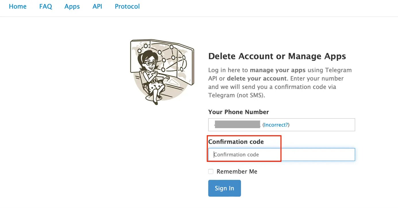 In the browser: Enter the confirmation code on the Telegram website. Image: In the browser: Enter the confirmation code on the Telegram website.