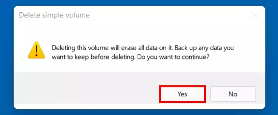 Image: “Delete simple volume” dialog box in Windows 11