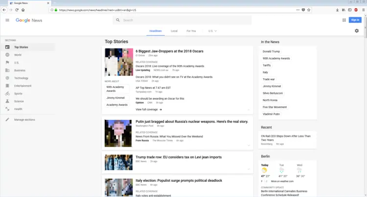 The Google News website The Google News website