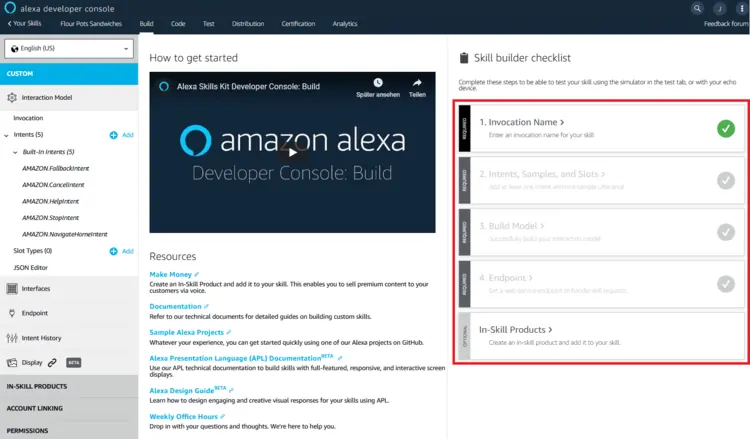 Alexa Developer Console: overview page in the build area. Alexa Developer Console: overview page in the build area.