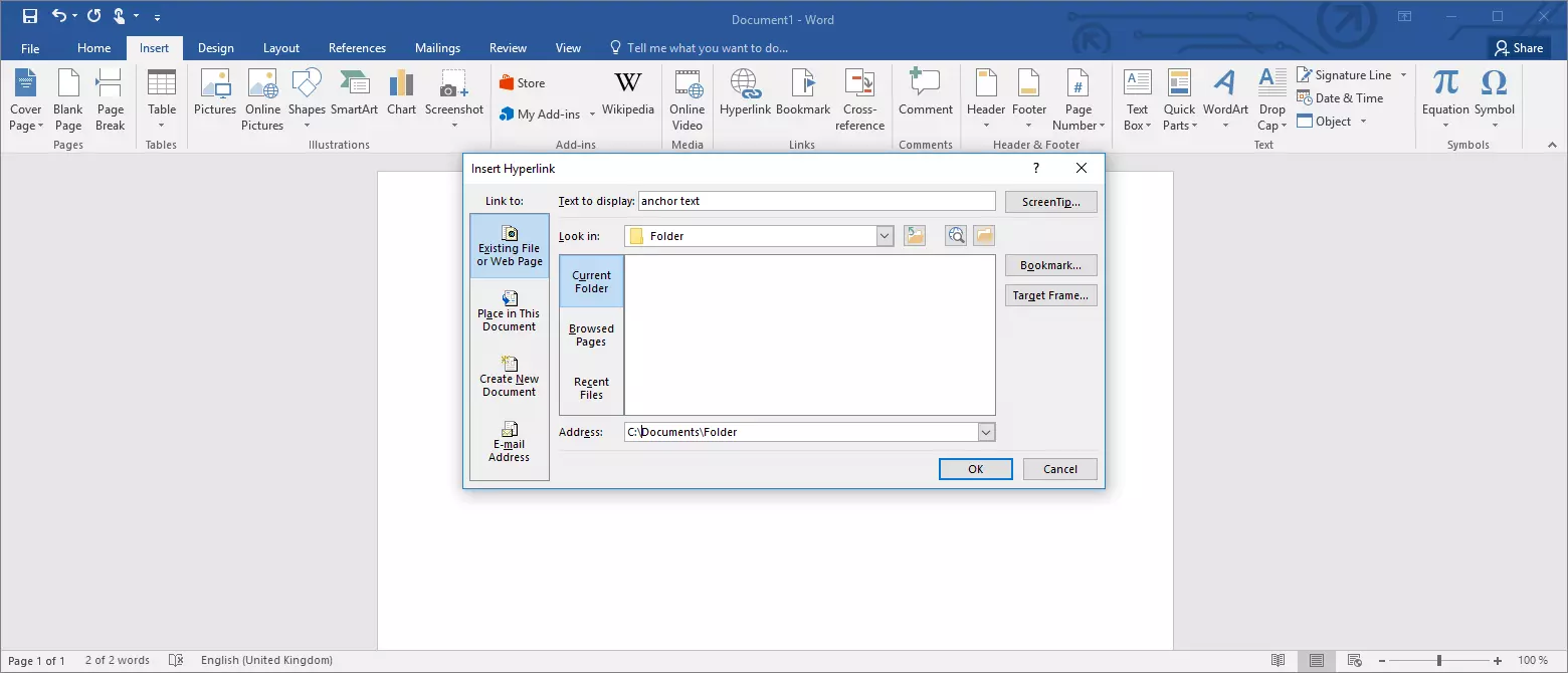 Image: Microsoft Word: The “Insert Hyperlink” window